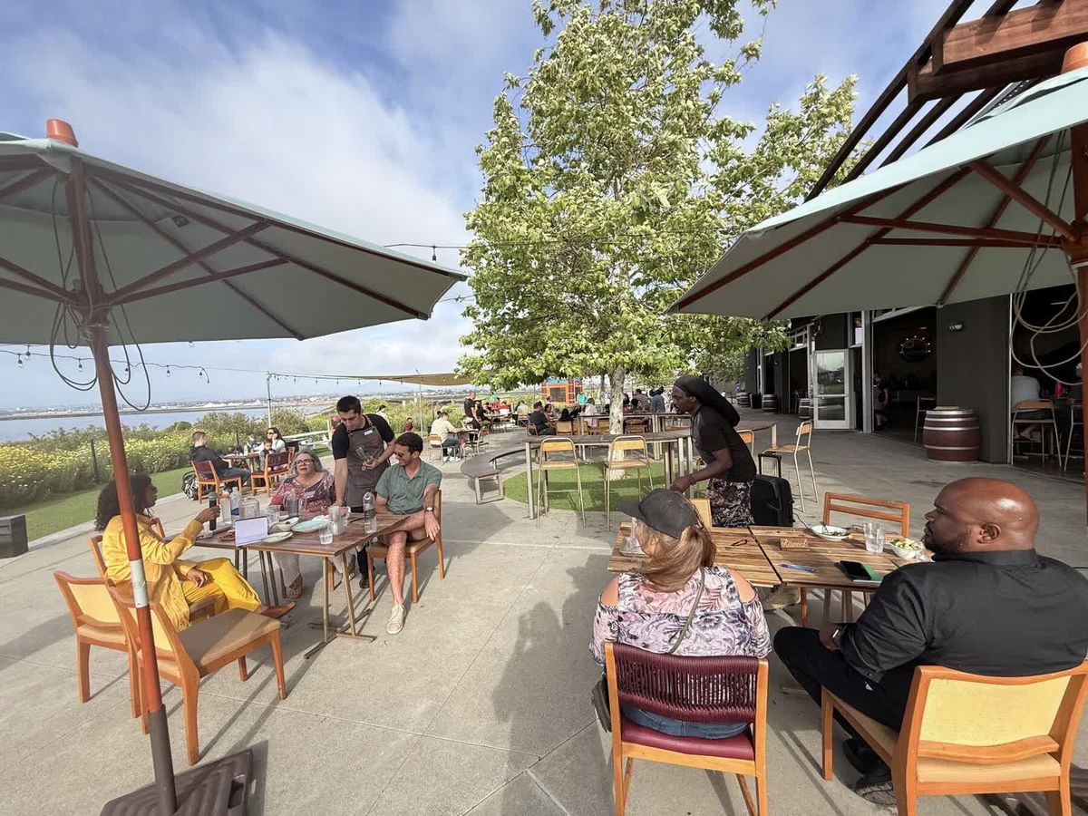 Guests talking around outdoor tables under large shade umbrellas at a CCE community gathering.