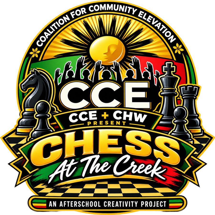 The Chess at The Creek program mark: Coalition for Community Elevation and Community HousingWorks present an afterschool creativity project, framed by chess pieces.