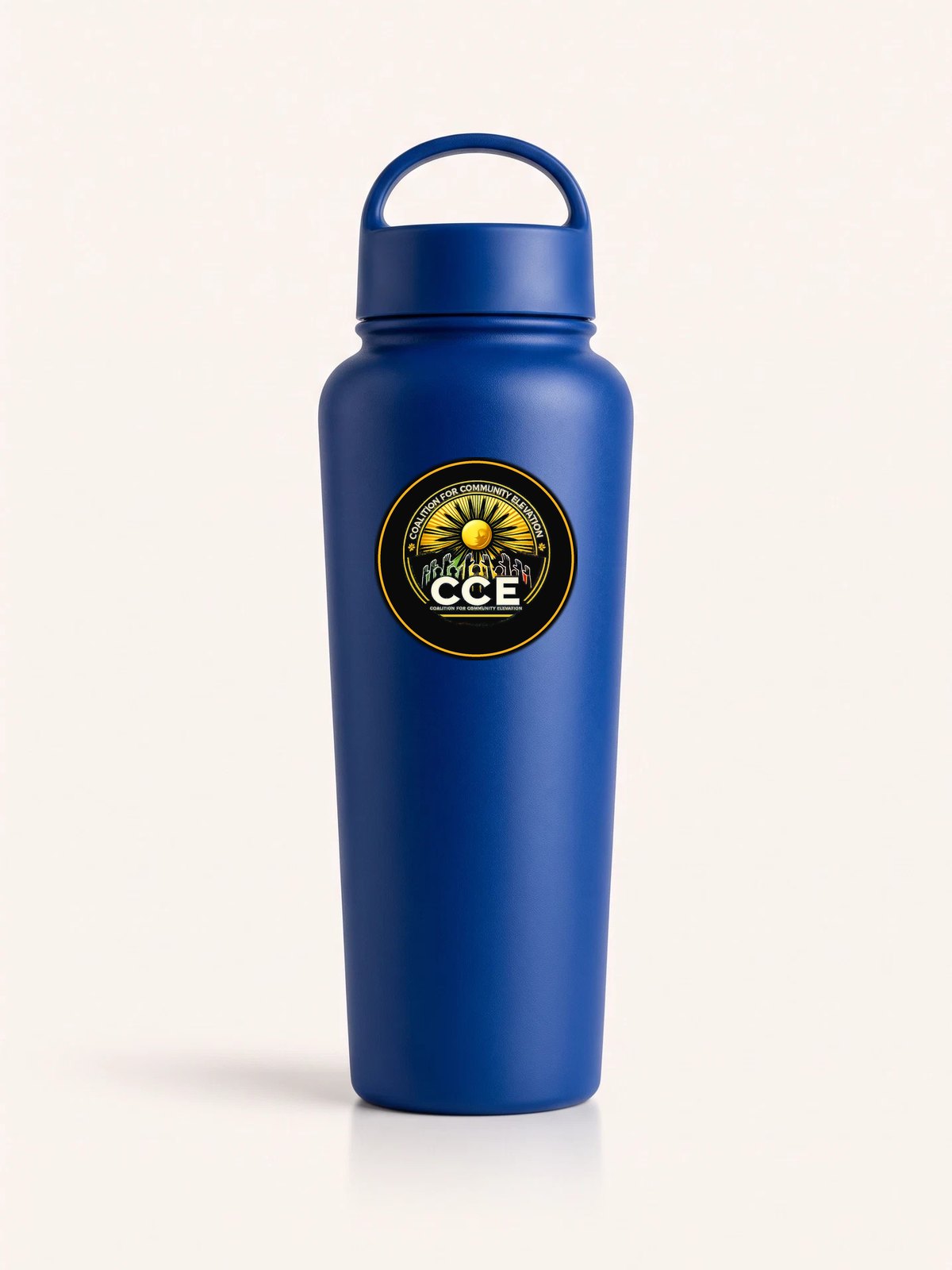 Royal blue insulated water bottle with the CCE badge on the body.