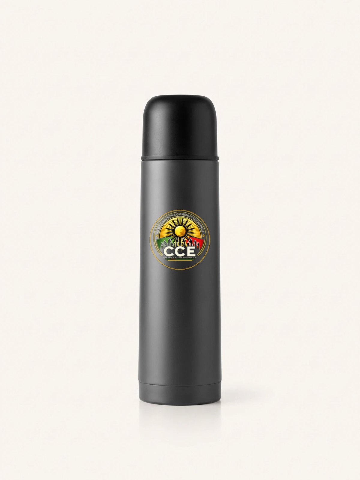 Charcoal vacuum thermos with the CCE badge on the body.