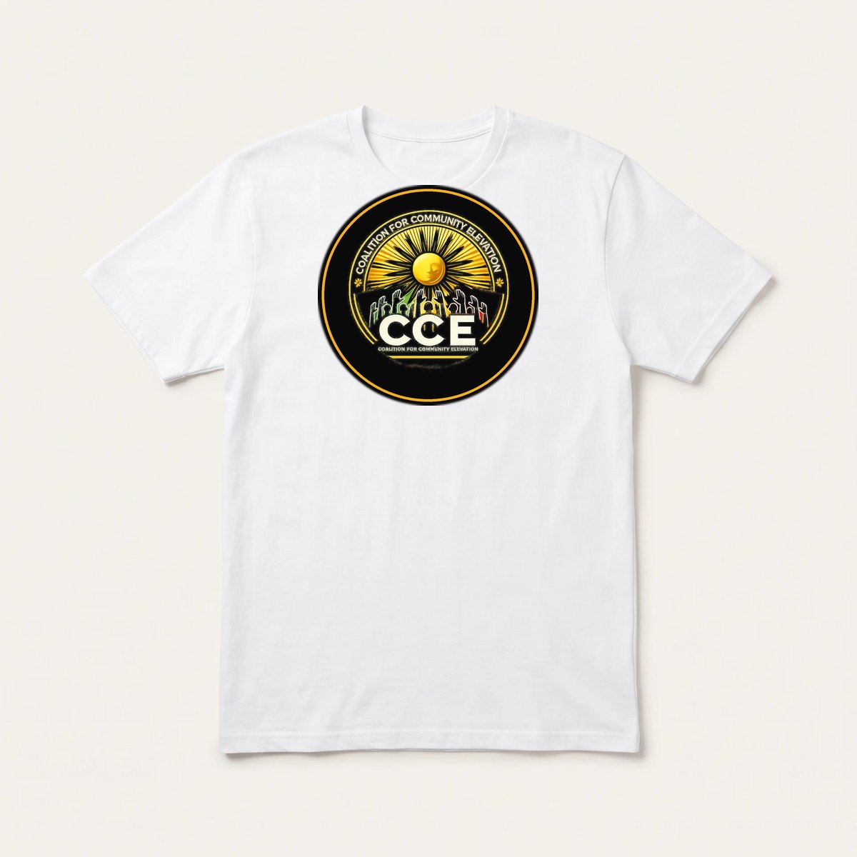 White cotton t-shirt with the CCE badge printed on the chest.