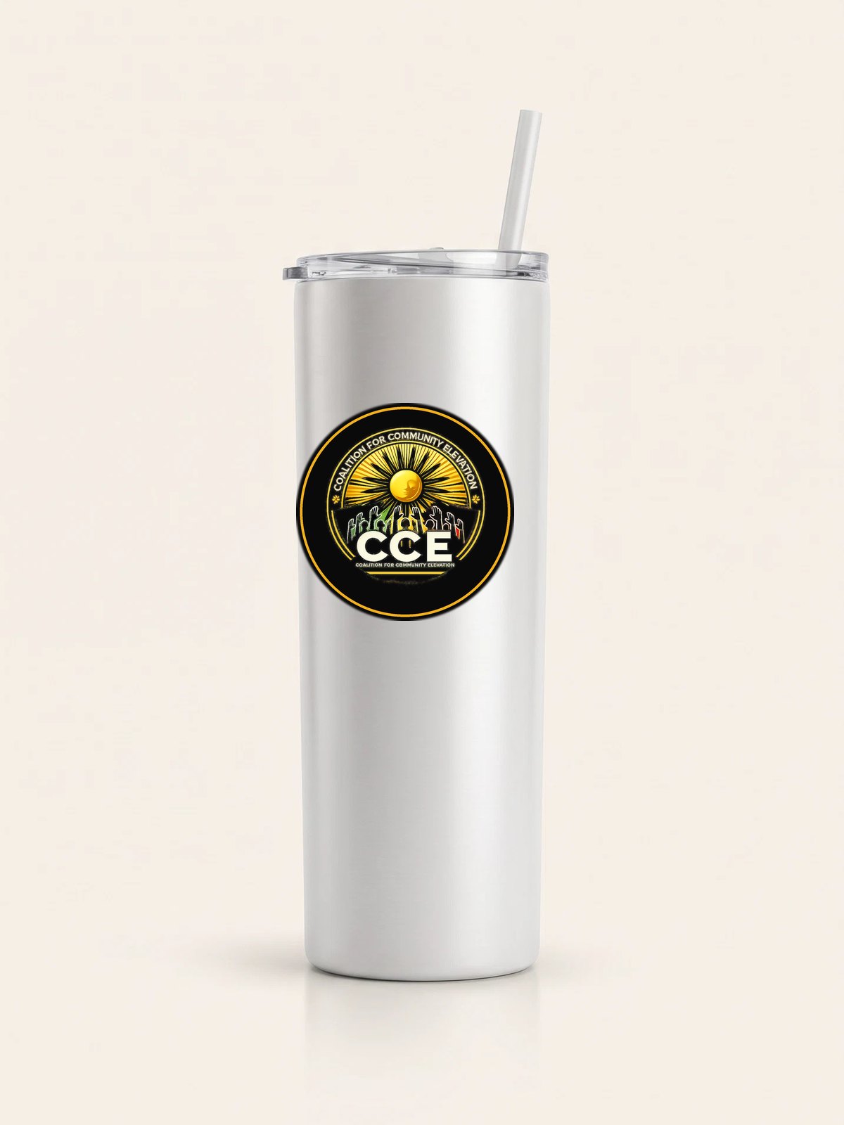 White insulated tumbler with a clear lid and the CCE badge on the body.